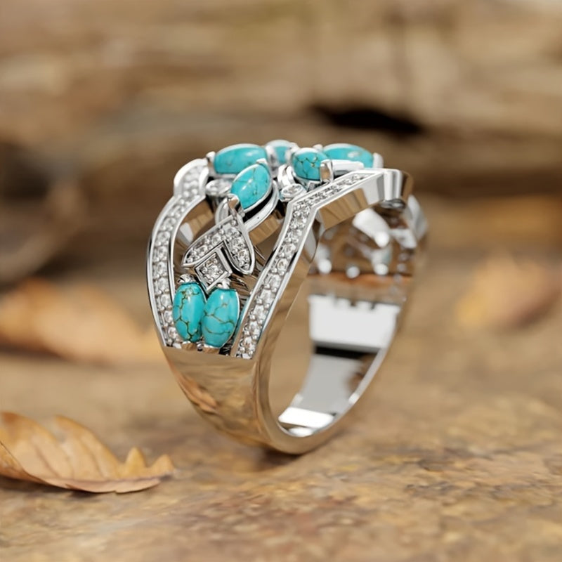 Vintage Bohemian Turquoise Floral Cluster Ring