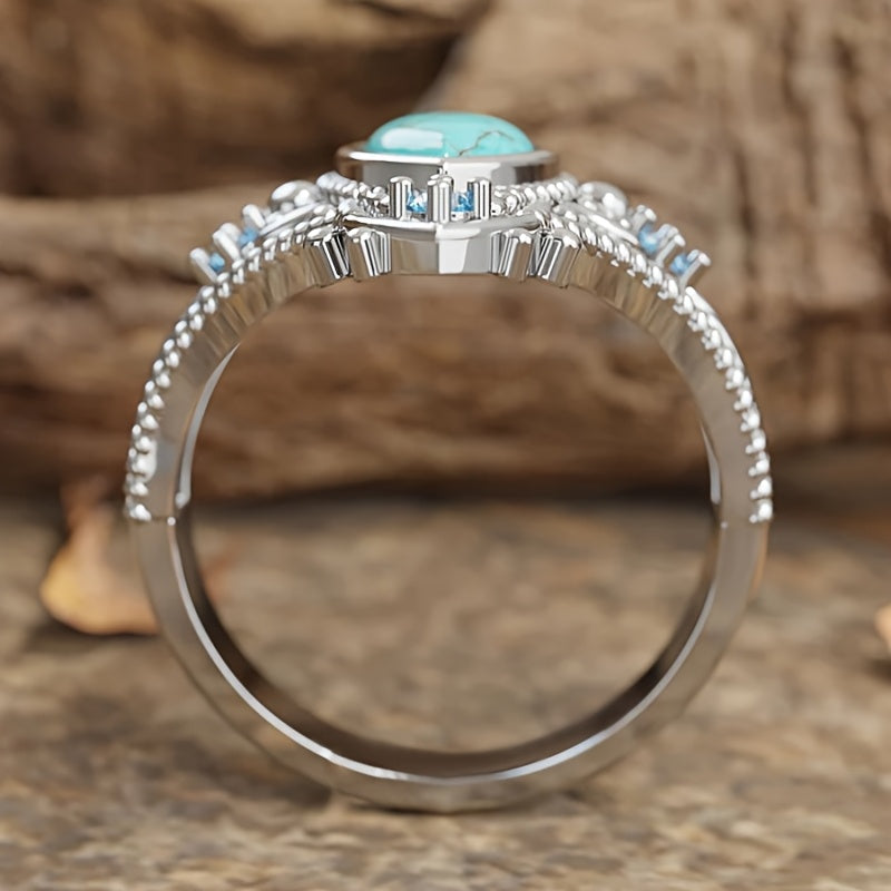 Bohemian Retro Style Blue Crystal Inlaid Turquoise Ring