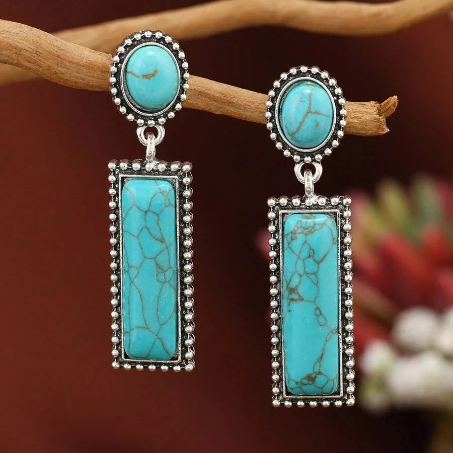 Bohemian Turquoise Geometric Rectangle Oval Stud Pendant Earrings