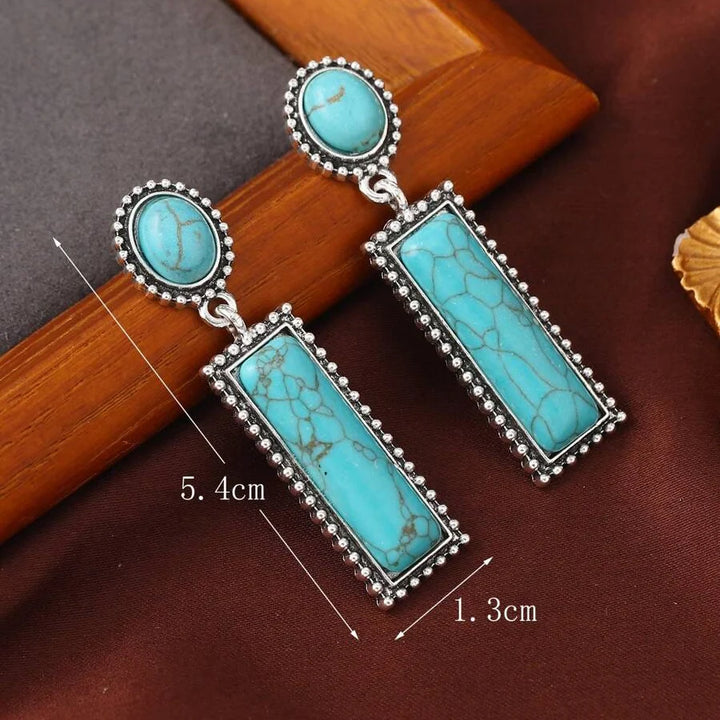 Bohemian Turquoise Geometric Rectangle Oval Stud Pendant Earrings