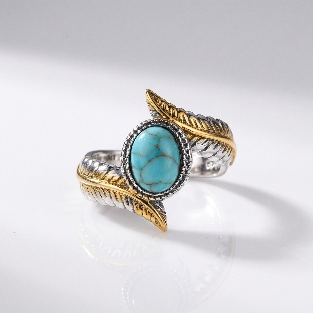 SILVER GOLD TURQUOISE BOHEMIAN RING