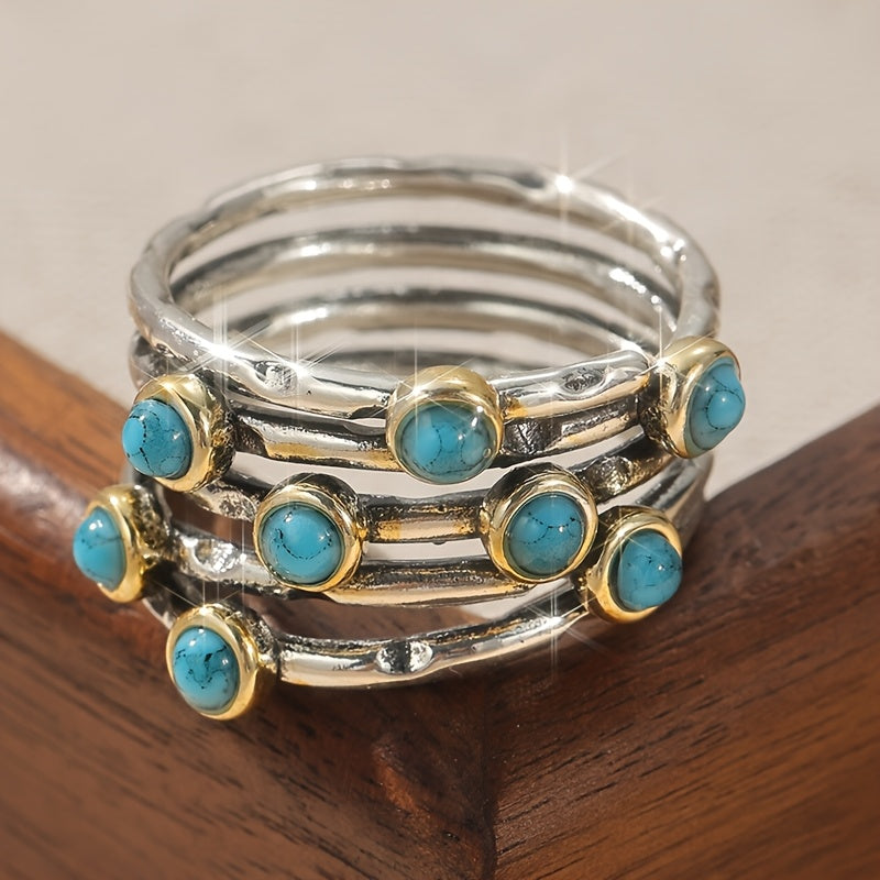 Vintage Geometric Turquoise Multi-Band Ring