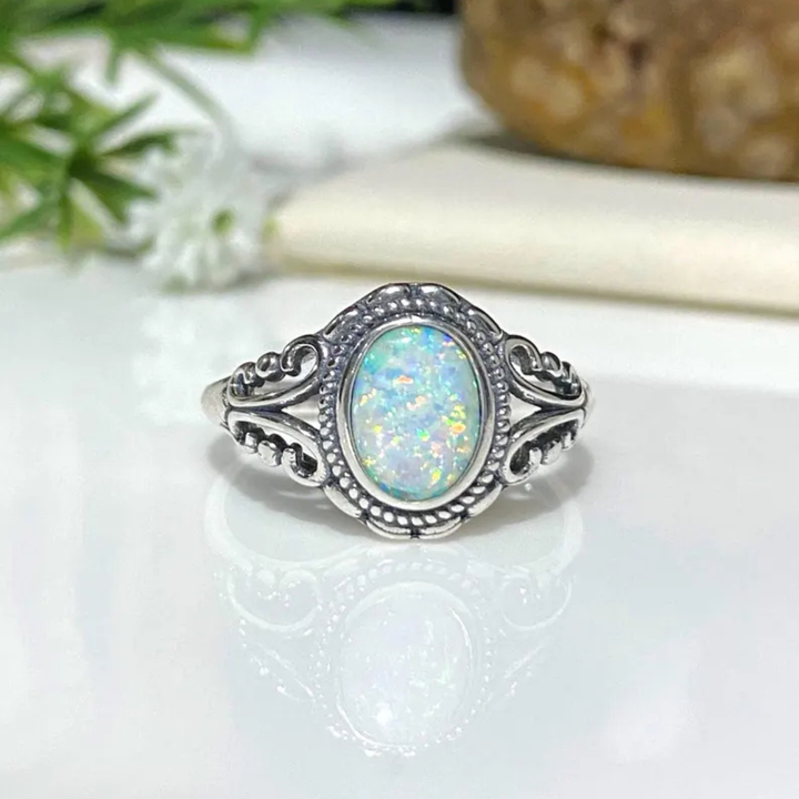 Vintage Bohemian Style Silver Plated Opal Ring