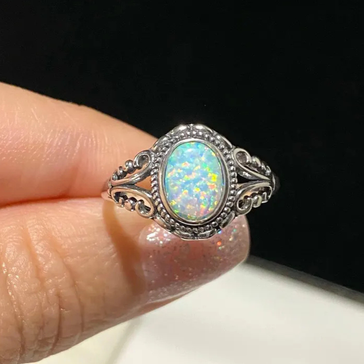 Vintage Bohemian Style Silver Plated Opal Ring