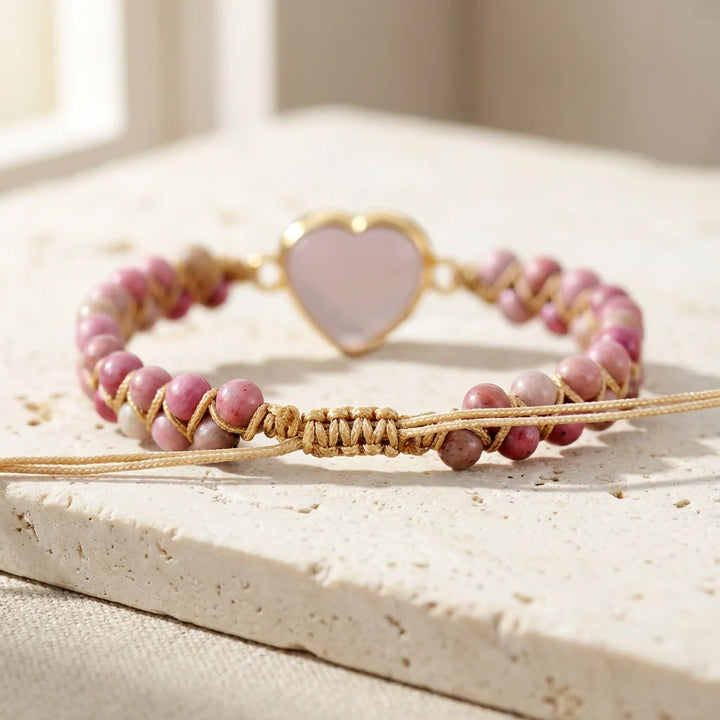 Woven Rose Quartz Heart Bracelet - Rose Quartz