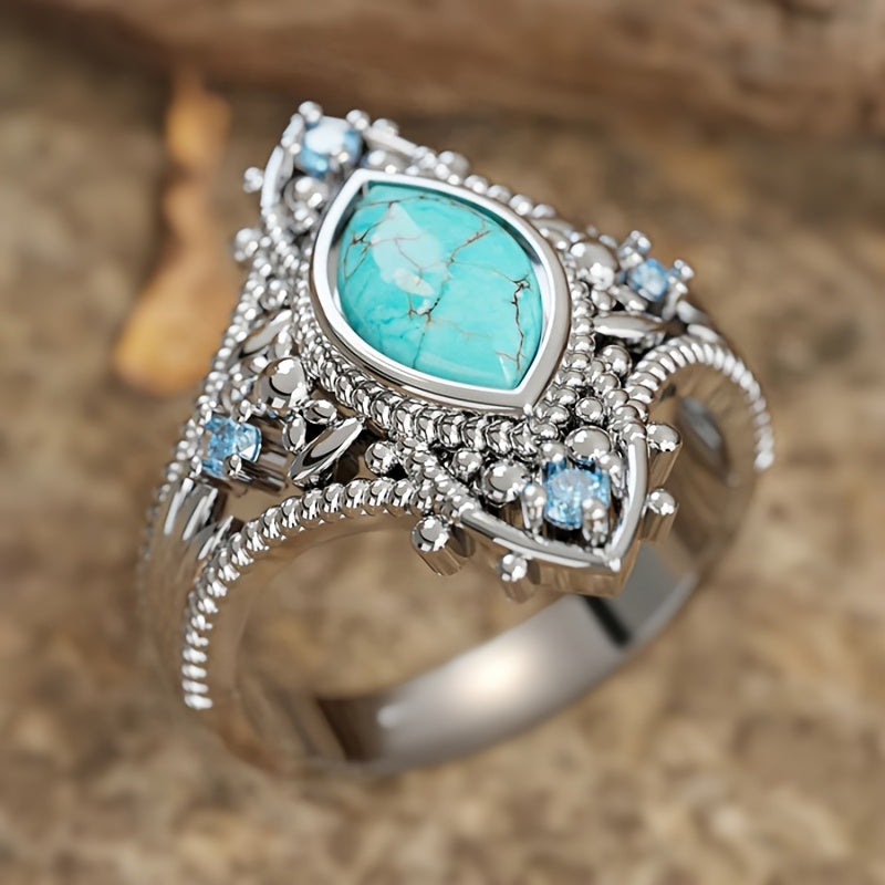Bohemian Retro Style Blue Crystal Inlaid Turquoise Ring