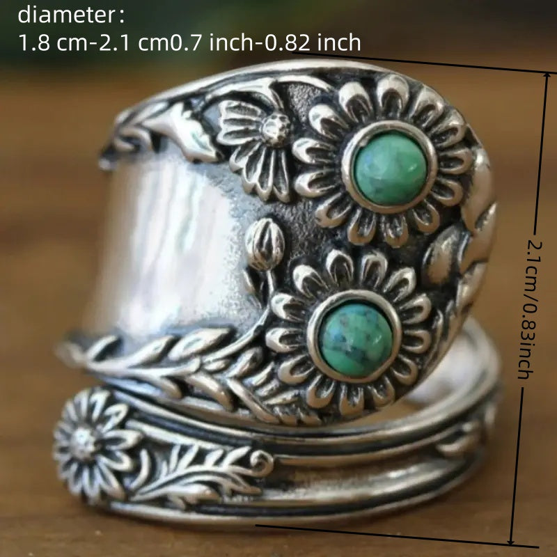 Vintage Floral Turquoise Wide Band Silver Ring