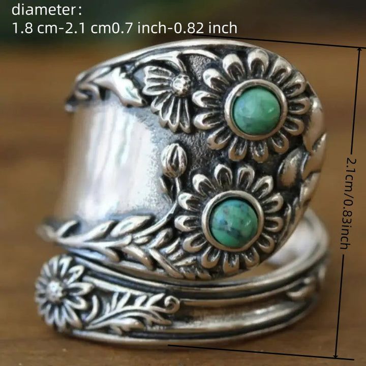 Vintage Floral Turquoise Wide Band Silver Ring
