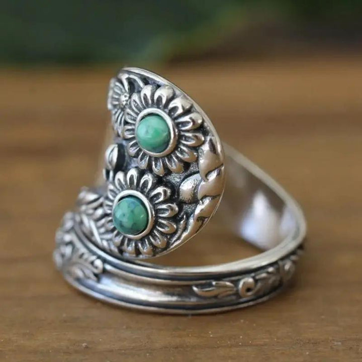 Vintage Floral Turquoise Wide Band Silver Ring