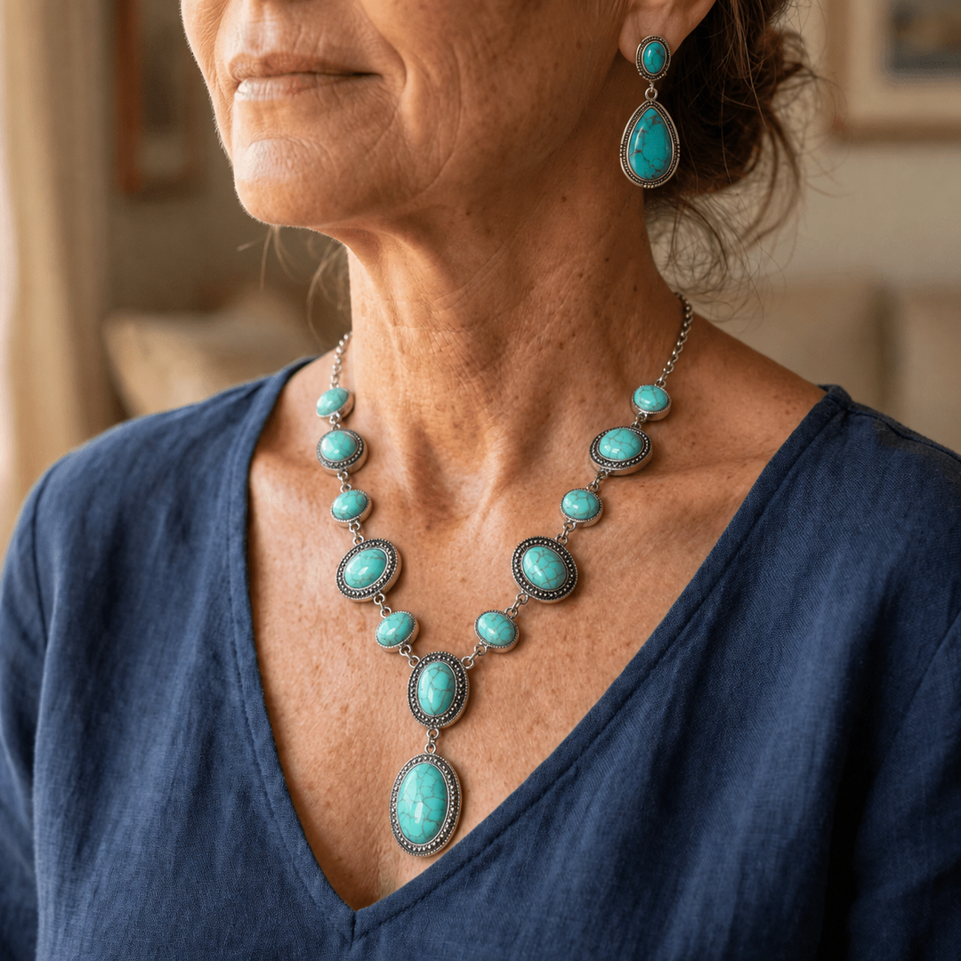 Elegant Vintage Turquoise Statement Necklace & Earrings