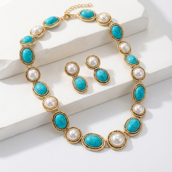 Turquoise & Pearl Antique Gold Statement Set