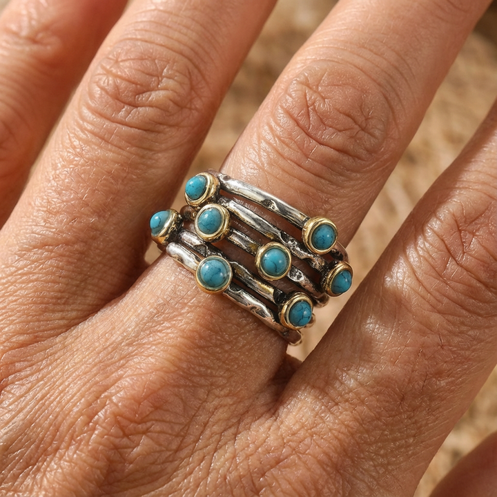 Vintage Geometric Turquoise Multi-Band Ring