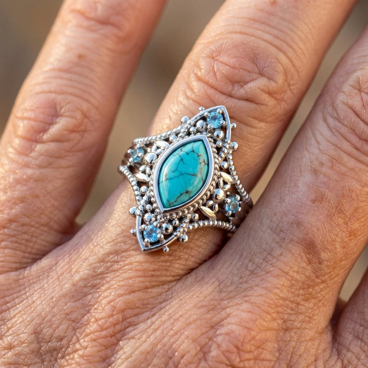 Bohemian Retro Style Blue Crystal Inlaid Turquoise Ring