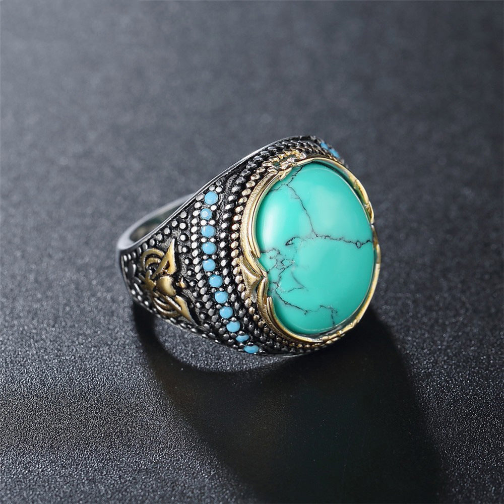 Bohemian Retro Style Wide Turquoise Silver Plated Ring