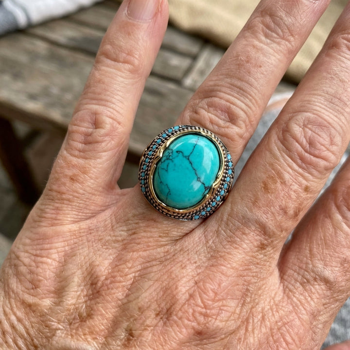 Bohemian Retro Style Wide Turquoise Silver Plated Ring