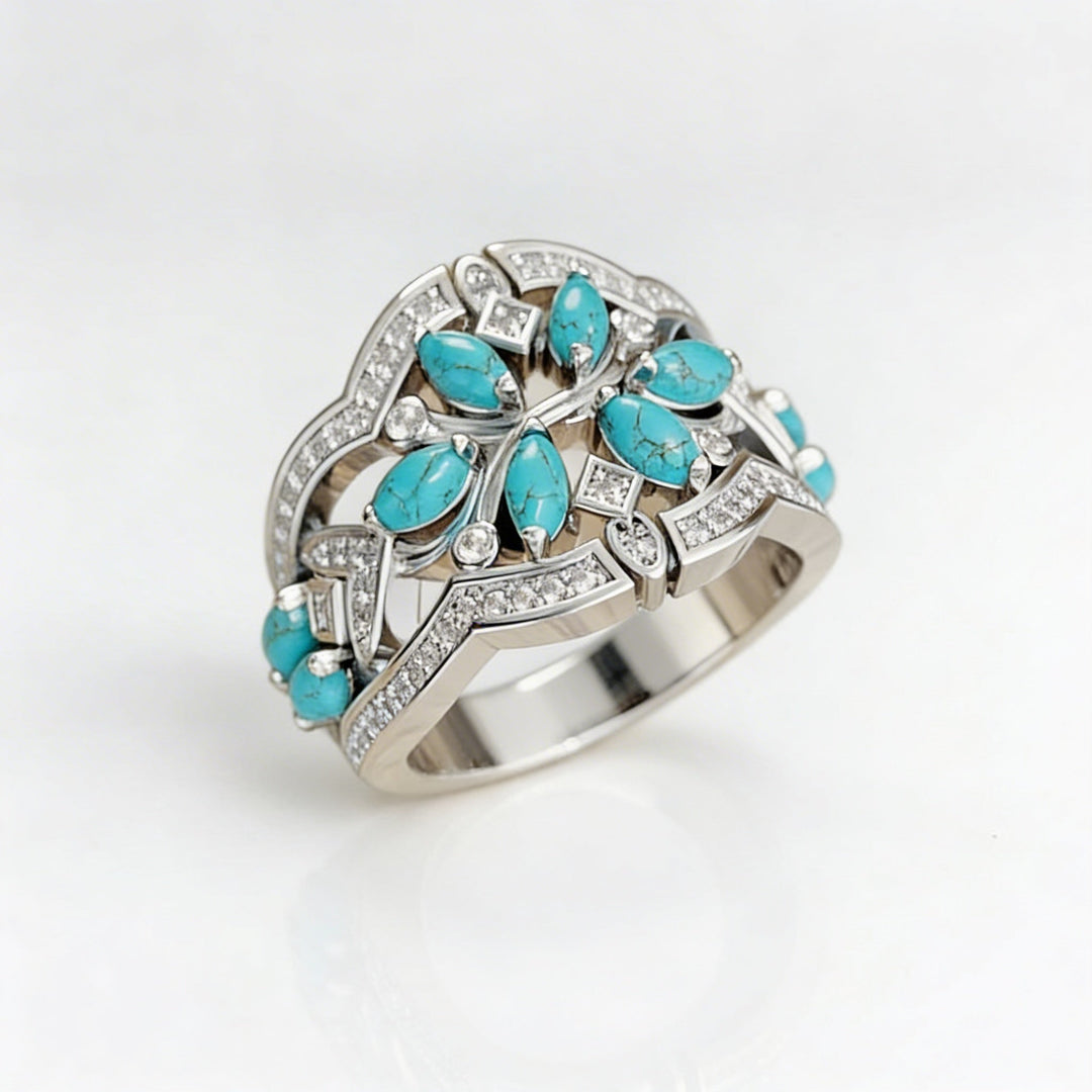 Vintage Bohemian Turquoise Floral Cluster Ring