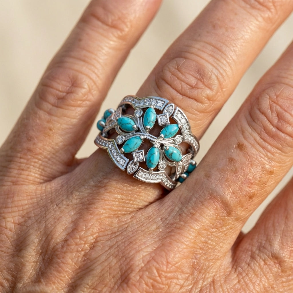 Vintage Bohemian Turquoise Floral Cluster Ring