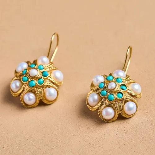 Vintage Turquoise & Pearl Medallion Earrings