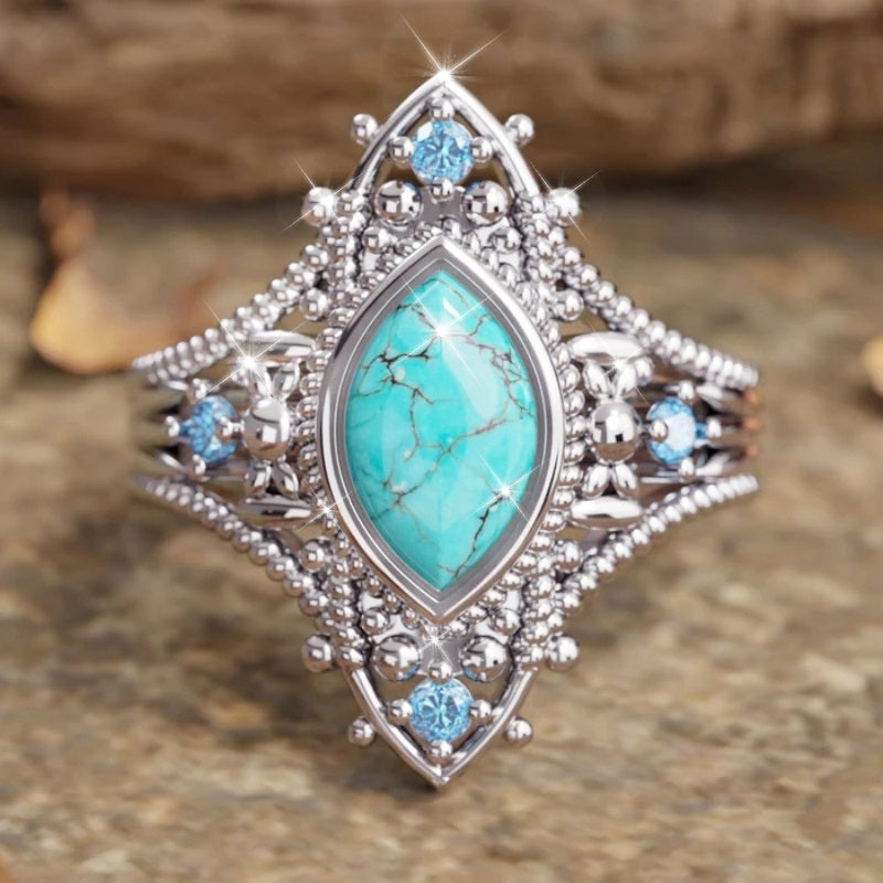 Bohemian Retro Style Blue Crystal Inlaid Turquoise Ring