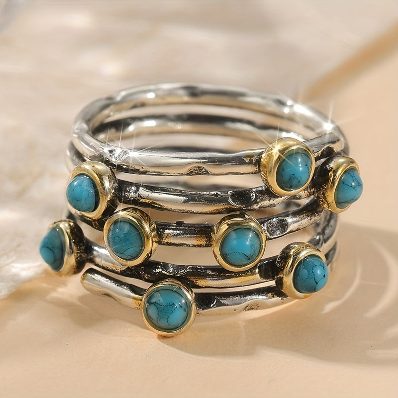 Vintage Geometric Turquoise Multi-Band Ring