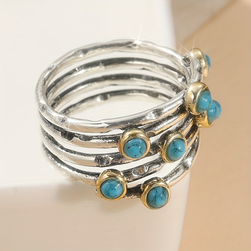 Vintage Geometric Turquoise Multi-Band Ring