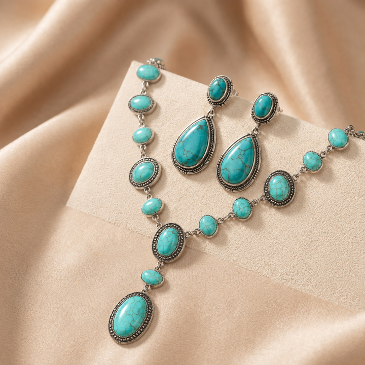 Elegant Vintage Turquoise Statement Necklace & Earrings