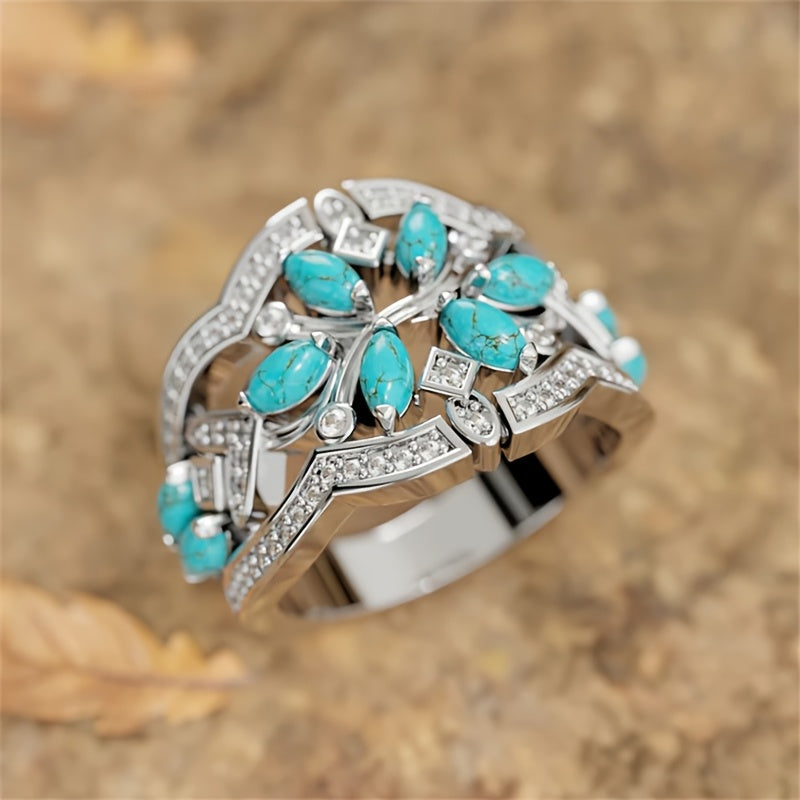 Vintage Bohemian Turquoise Floral Cluster Ring