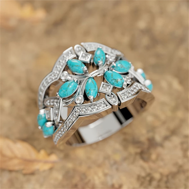 Vintage Bohemian Turquoise Floral Cluster Ring