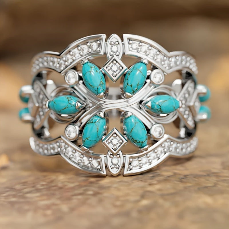 Vintage Bohemian Turquoise Floral Cluster Ring