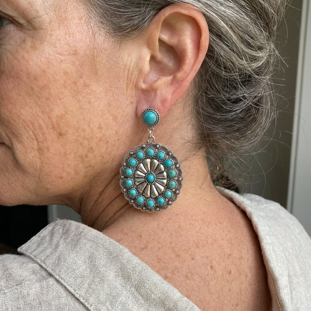 Vintage Turquoise & Pearl Medallion Earrings