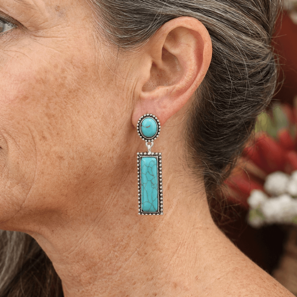 Bohemian Turquoise Geometric Rectangle Oval Stud Pendant Earrings