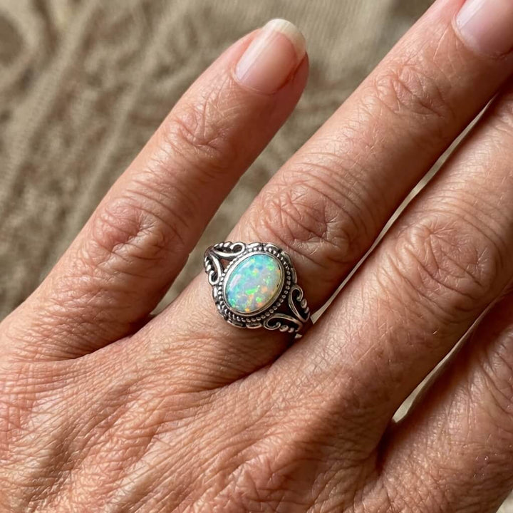 Vintage Bohemian Style Silver Plated Opal Ring