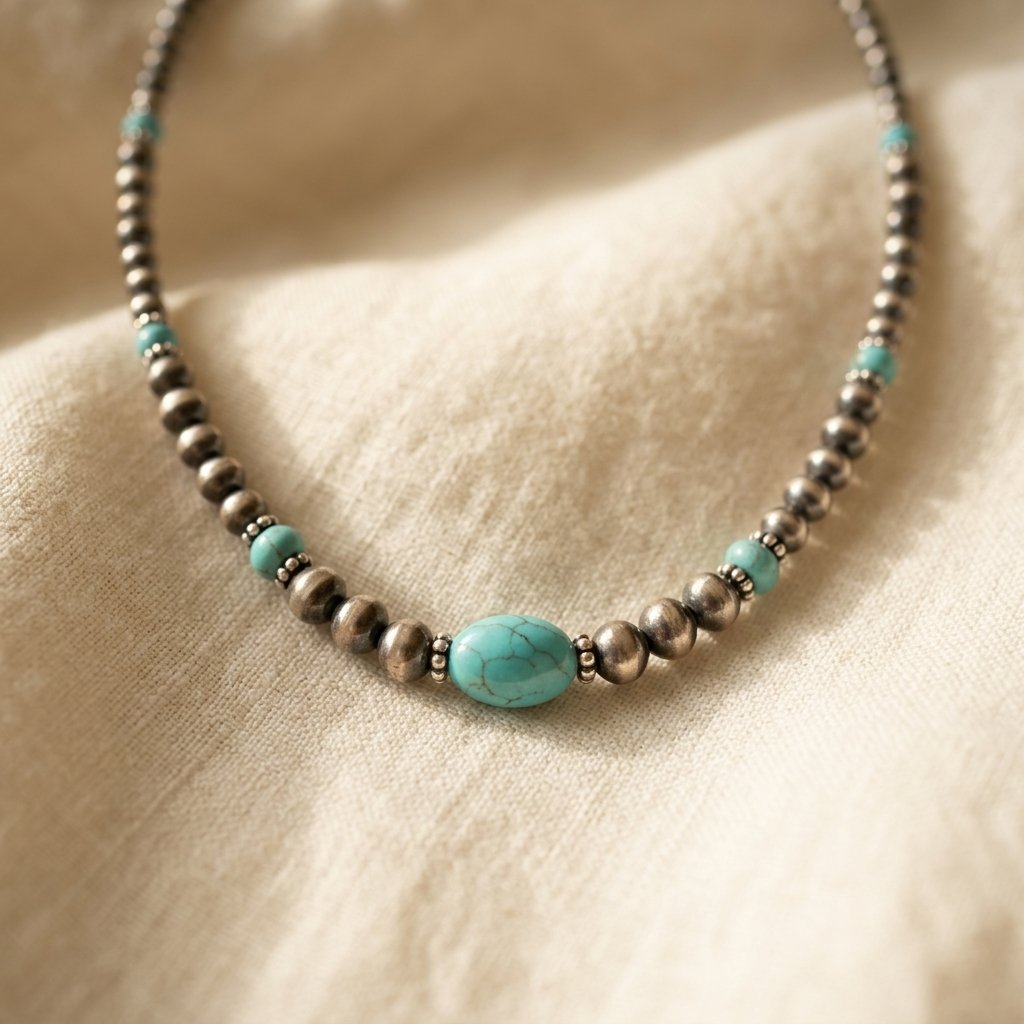 Vintage Silver Green Turquoise Beaded Necklace
