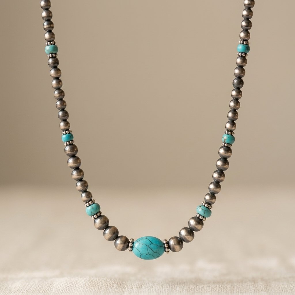 Vintage Silver Green Turquoise Beaded Necklace