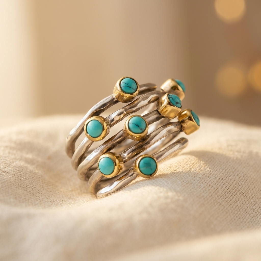 Vintage Geometric Turquoise Multi-Band Ring