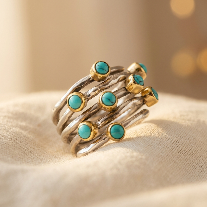 Vintage Geometric Turquoise Multi-Band Ring