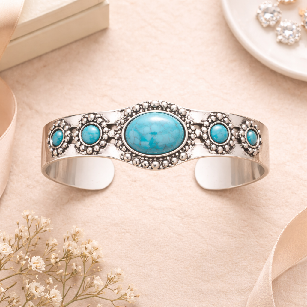 Vintage Silver Cuff Bracelet with Turquoise